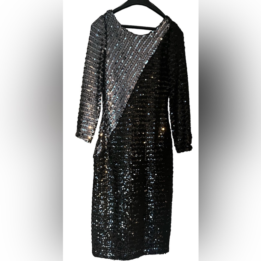 Joy Stevens Vintage 70s Disco Black Silver Sequin Party Dress V Back Lined